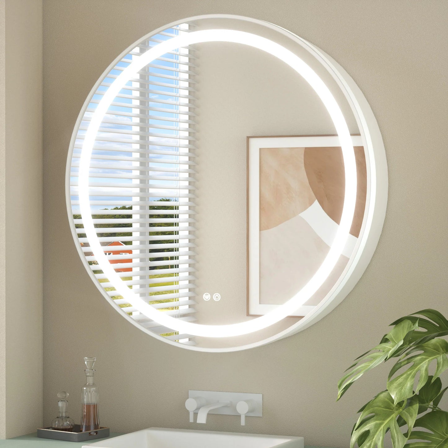 Round LED Lighted Medicine Cabinet with Mirror – Anti-Fog, Dimmable 3 Color Lights & Built-In Outlet