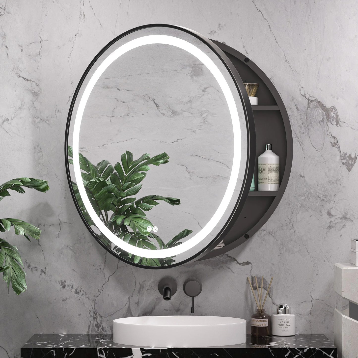 Round LED Lighted Medicine Cabinet with Mirror – Anti-Fog, Dimmable 3 Color Lights & Built-In Outlet