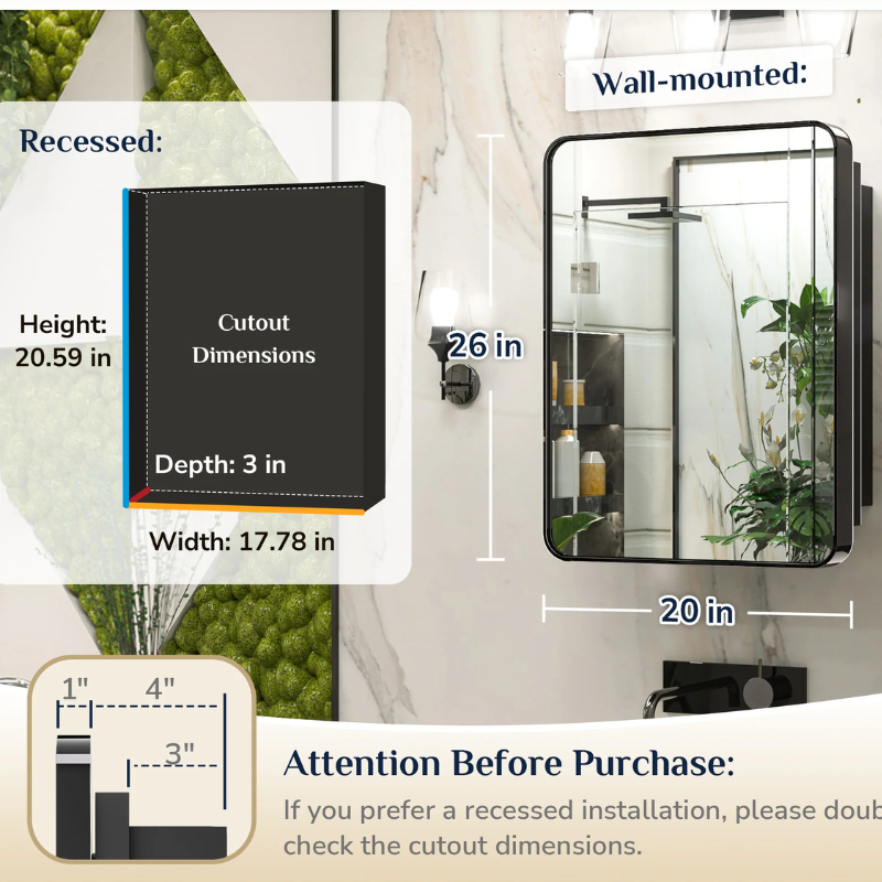 Stainless Steel Bathroom Medicine Cabinet with Mirror – Recessed or Wall Mounted Storage Cabinet