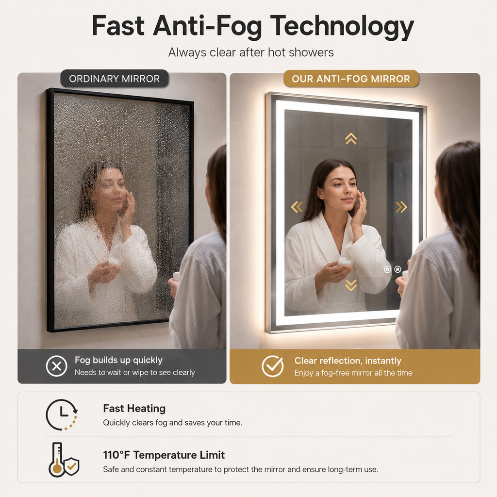 Frontlit & Backlit Framed LED Bathroom Mirror with 3-Color Dimmable Lighting, Anti-Fog & HD Tempered Glass