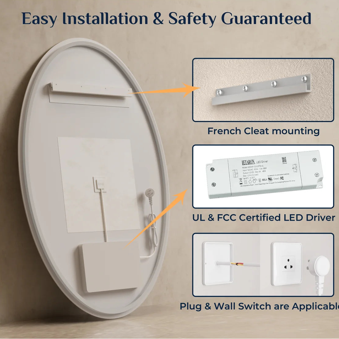 Prime LED House Oval Backlit LED Bathroom Mirror – 3-Color Dimmable, Anti-Fog, HD Tempered Glass, Touch Memory & French Cleat Mounting