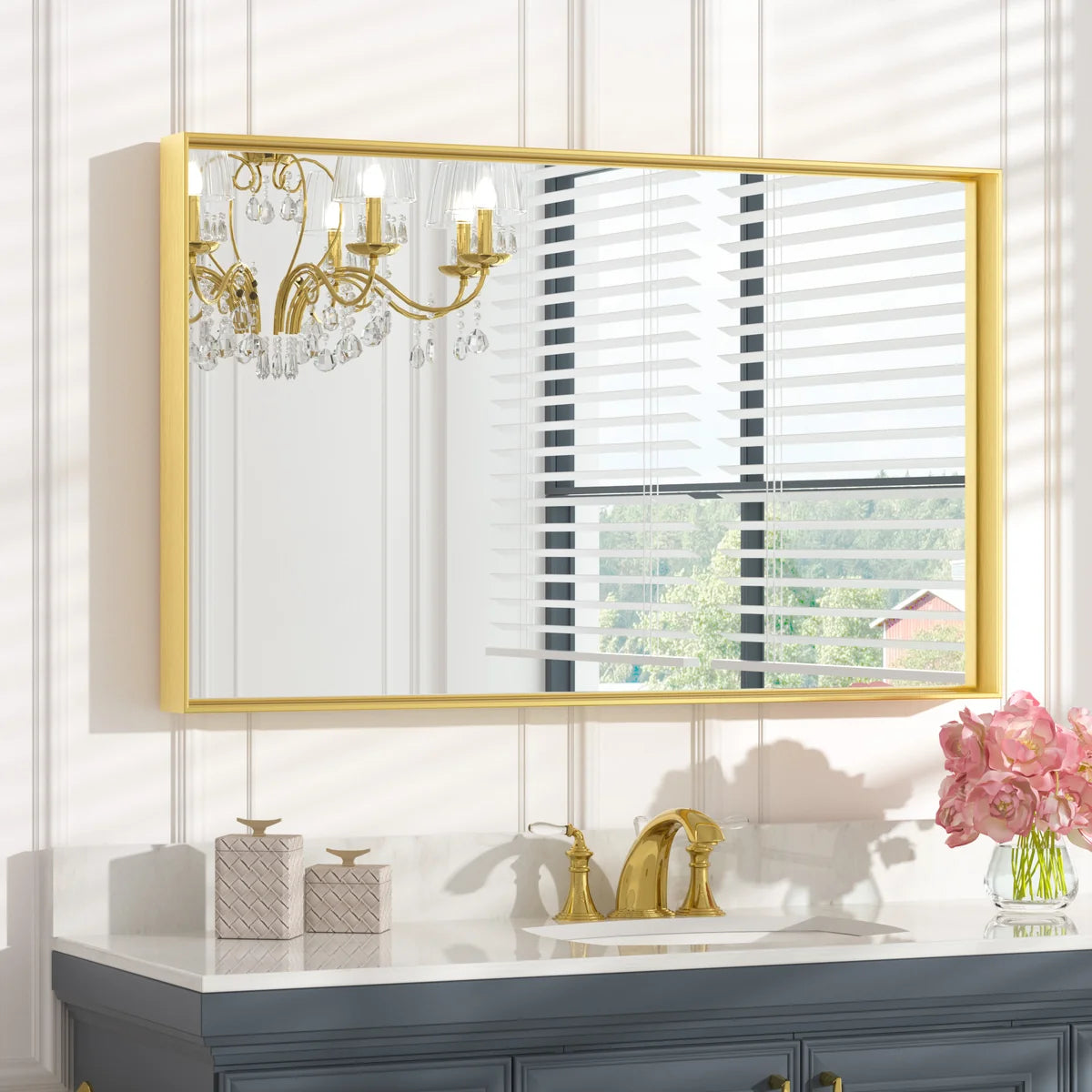 Prime LED House Brushed Aluminum Framed Bathroom Mirror – Rectangle Wall Vanity Mirror with Square Corners, HD Shatter-Resistant Glass, Modern Farmhouse Style