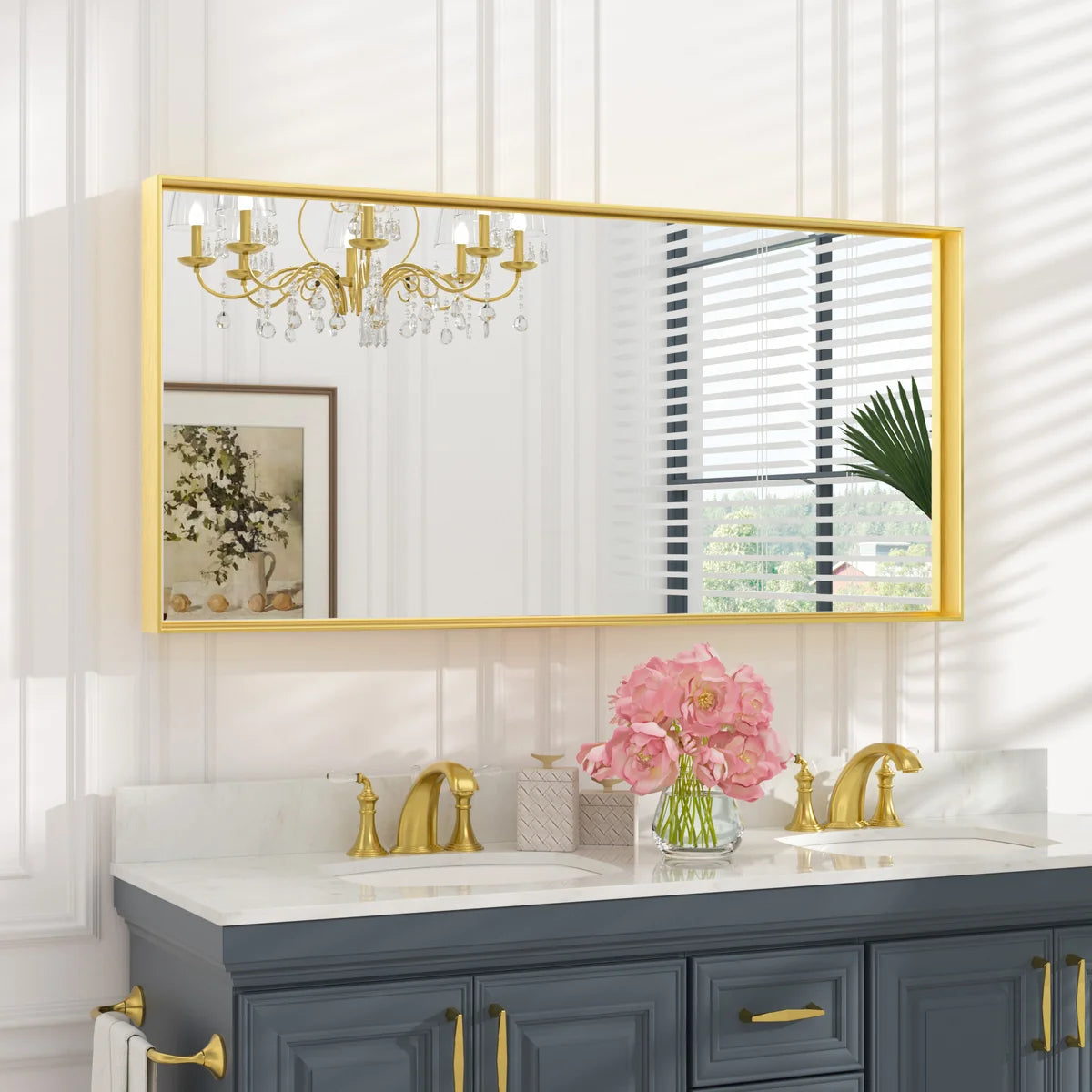 Prime LED House Brushed Aluminum Framed Bathroom Mirror – Rectangle Wall Vanity Mirror with Square Corners, HD Shatter-Resistant Glass, Modern Farmhouse Style