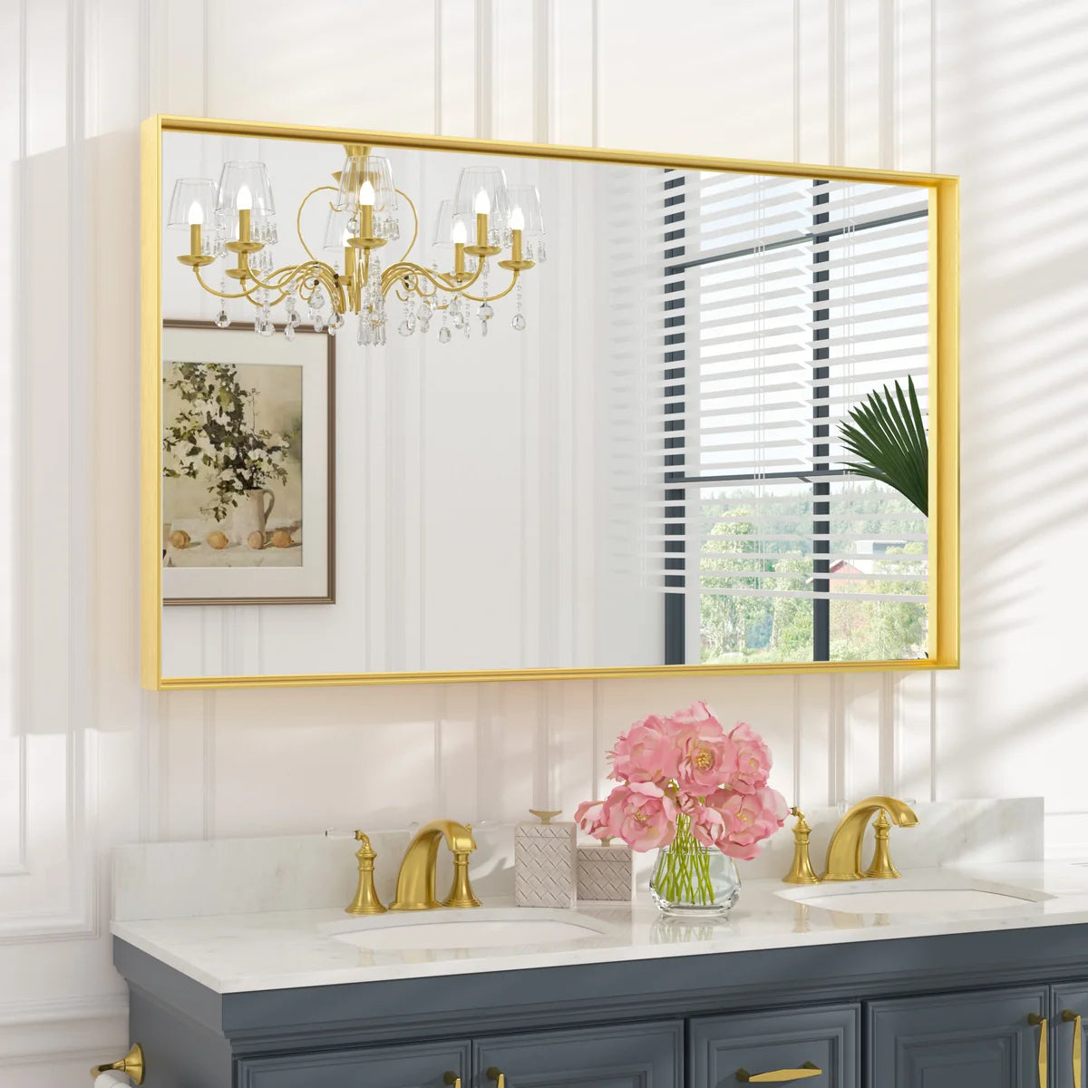 Prime LED House Brushed Aluminum Framed Bathroom Mirror – Rectangle Wall Vanity Mirror with Square Corners, HD Shatter-Resistant Glass, Modern Farmhouse Style