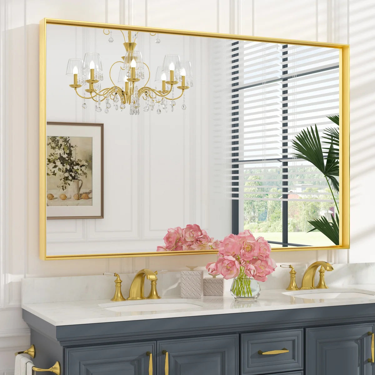 Prime LED House Brushed Aluminum Framed Bathroom Mirror – Rectangle Wall Vanity Mirror with Square Corners, HD Shatter-Resistant Glass, Modern Farmhouse Style
