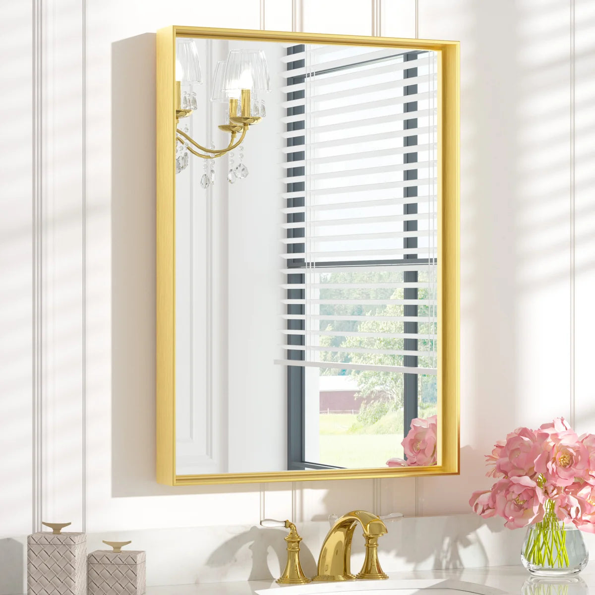 Prime LED House Brushed Aluminum Framed Bathroom Mirror – Rectangle Wall Vanity Mirror with Square Corners, HD Shatter-Resistant Glass, Modern Farmhouse Style