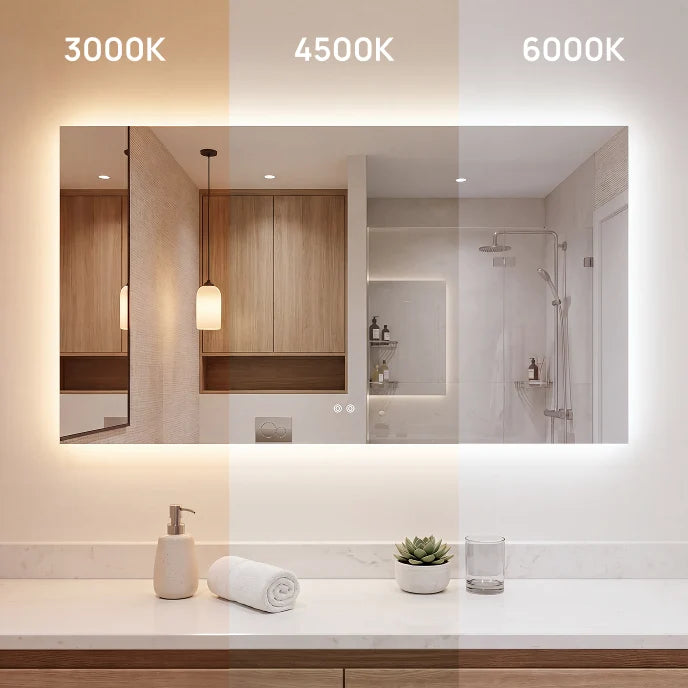 Luxury Backlit LED Bathroom Mirror with Dimmable 3-Color Lighting | Anti - Fog | Adjustable & Selectable Color Temperature - 3000K / 4500K / 6000K