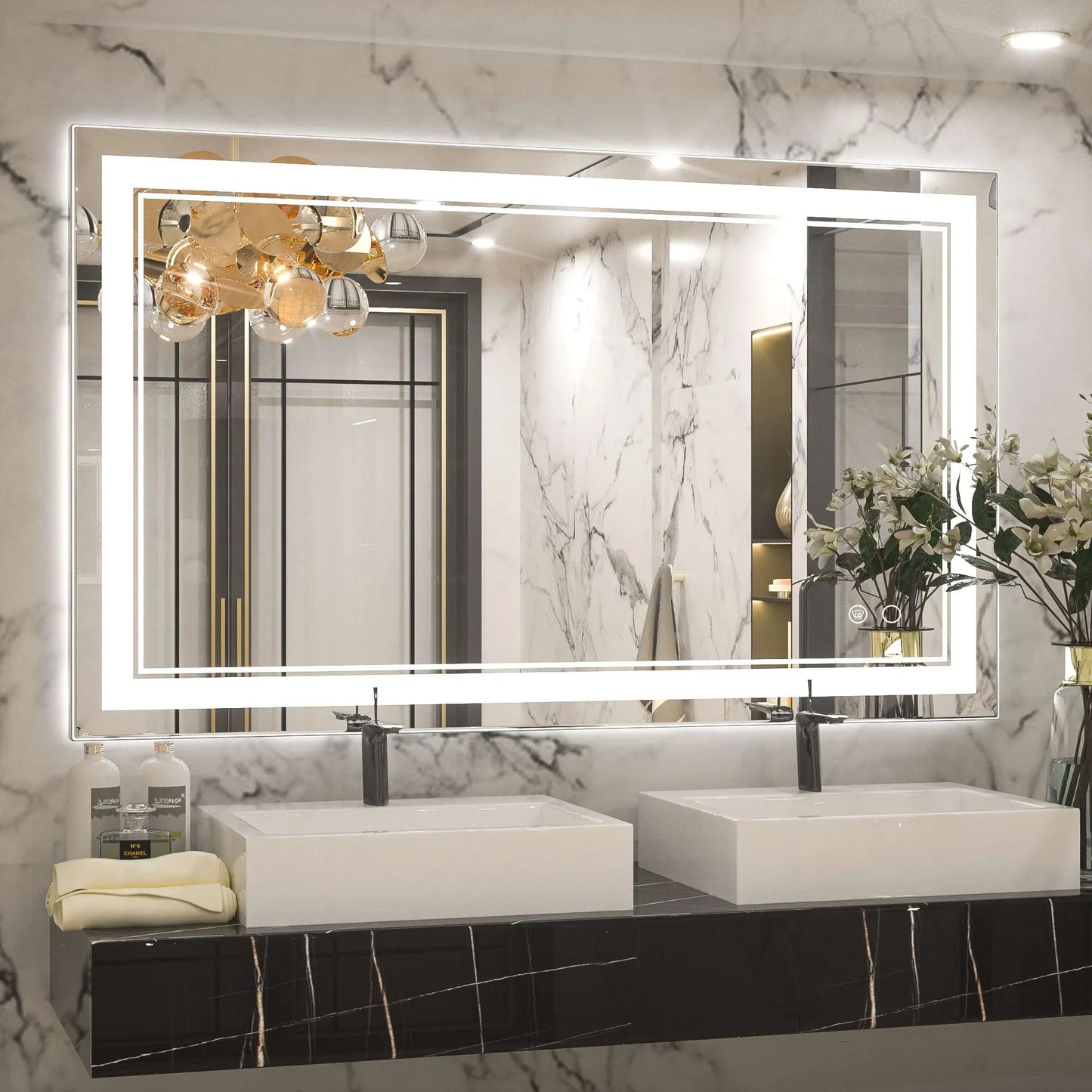 Frontlit LED Bathroom Mirror Wall Mounted Anti Fog Lighted Vanity Mirror 6000K CRI 90 Waterproof Aluminum Frame
