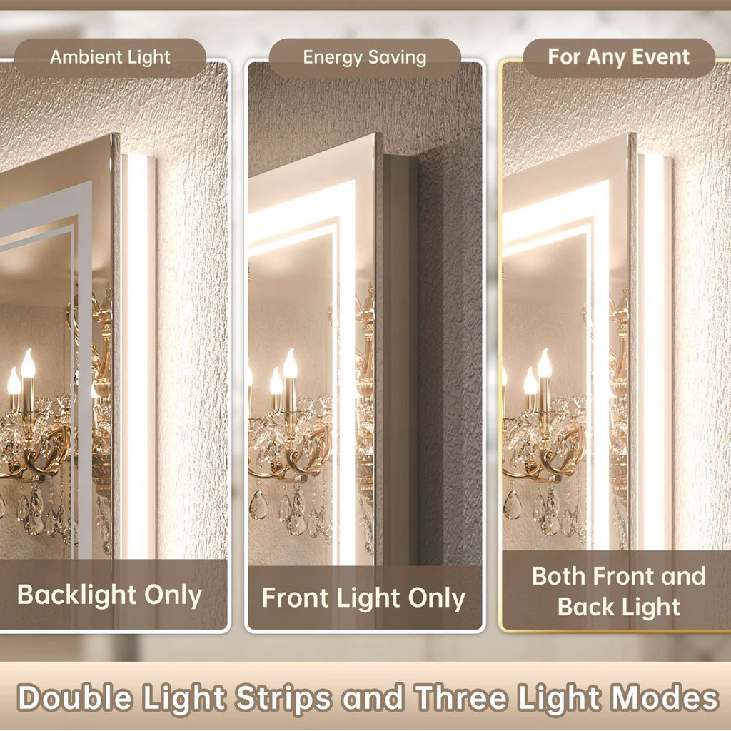 3-Color Frontlit & Backlit LED Bathroom Mirror – 3000K Warm White, 4500K Natural White & 6000K Cool White - Double Light
