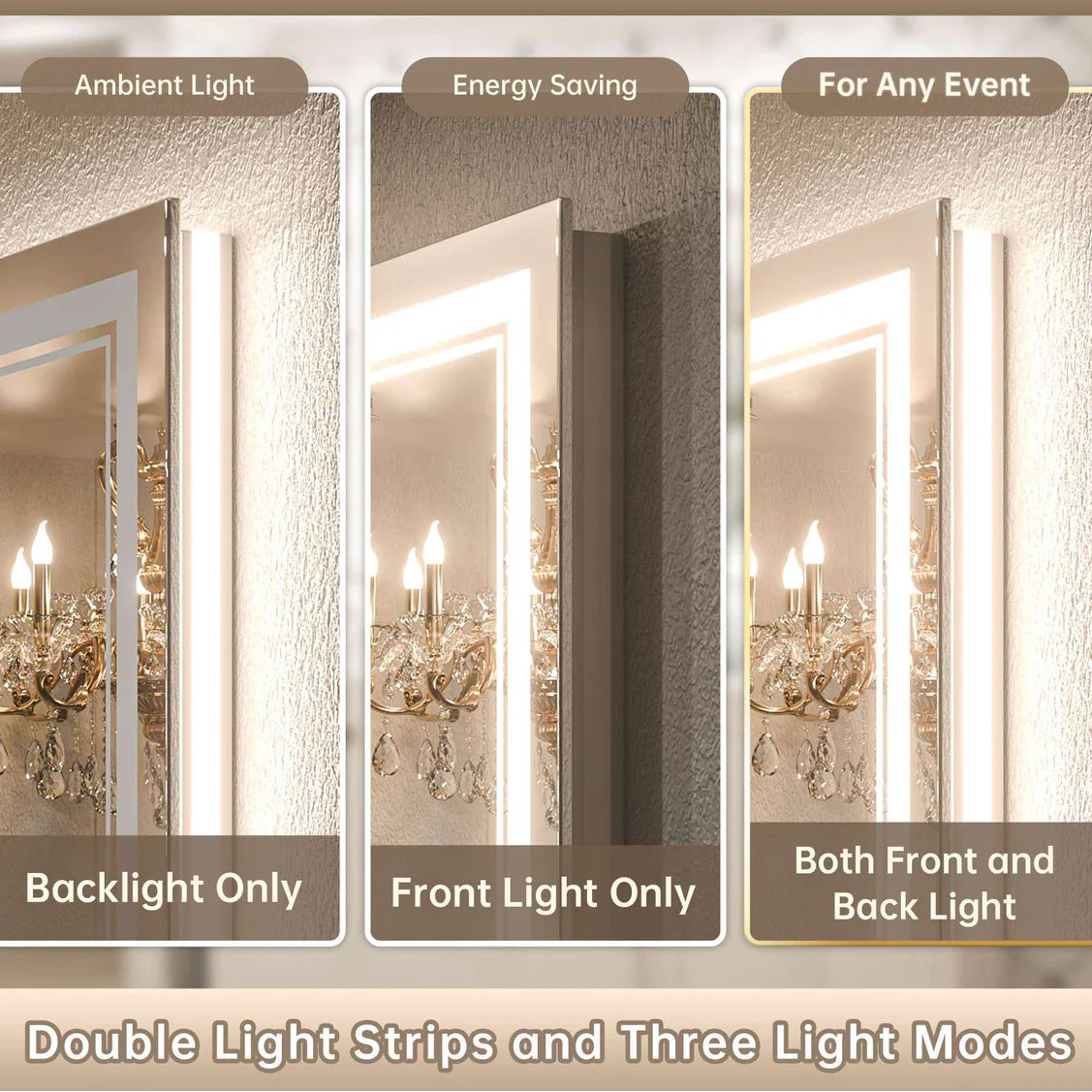 3-Color Frontlit & Backlit LED Bathroom Mirror – 3000K Warm White, 4500K Natural White & 6000K Cool White - Double Light