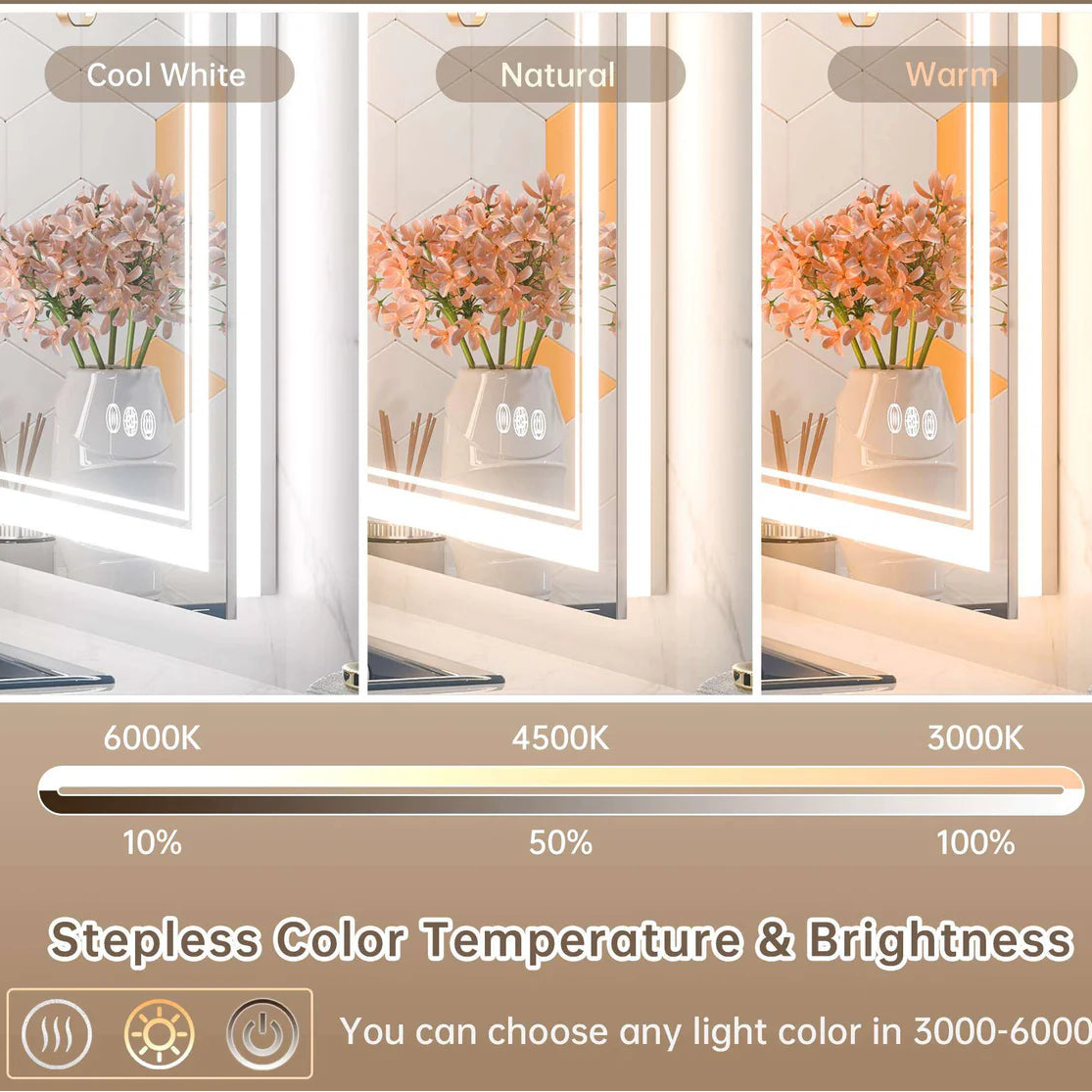 3-Color Frontlit & Backlit LED Bathroom Mirror – 3000K Warm White, 4500K Natural White & 6000K Cool White - Double Light