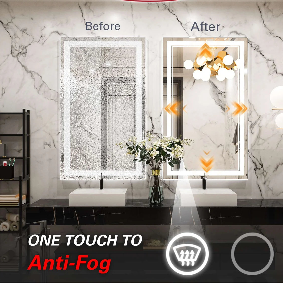 Frontlit LED Bathroom Mirror with Anti-Fog, 6000K Daylight Lighting, Dimmable Vanity Mirror, Aluminum Frame, IP54 Waterproof, Hardwired or Plug-In