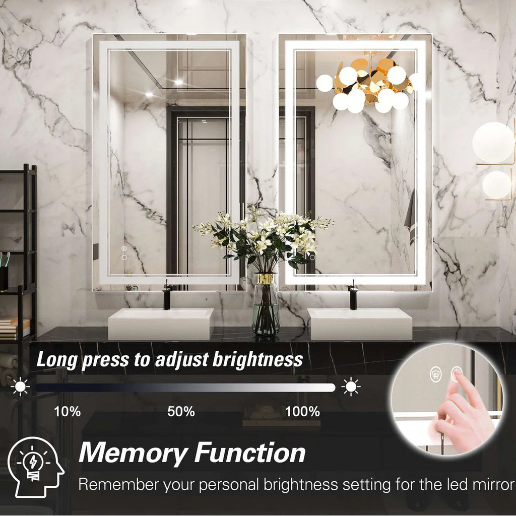 Frontlit LED Bathroom Mirror with Anti-Fog, 6000K Daylight Lighting, Dimmable Vanity Mirror, Aluminum Frame, IP54 Waterproof, Hardwired or Plug-In