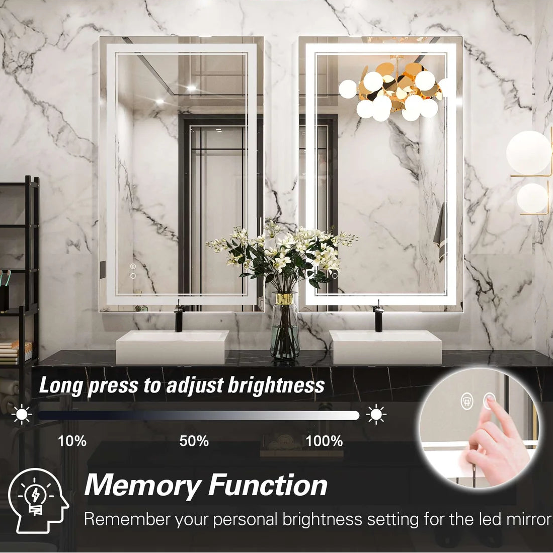 Frontlit LED Bathroom Mirror with Anti-Fog, 6000K Daylight Lighting, Dimmable Vanity Mirror, Aluminum Frame, IP54 Waterproof, Hardwired or Plug-In