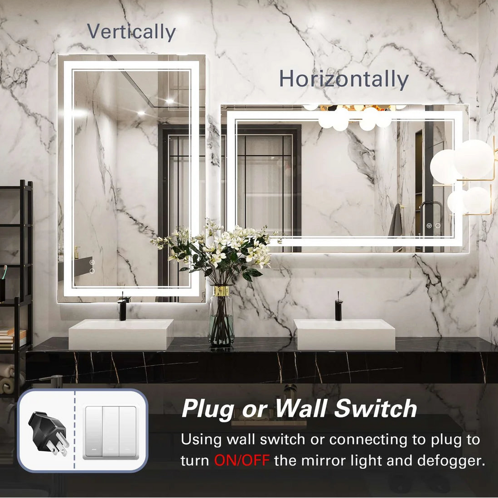 Frontlit LED Bathroom Mirror with Anti-Fog, 6000K Daylight Lighting, Dimmable Vanity Mirror, Aluminum Frame, IP54 Waterproof, Hardwired or Plug-In