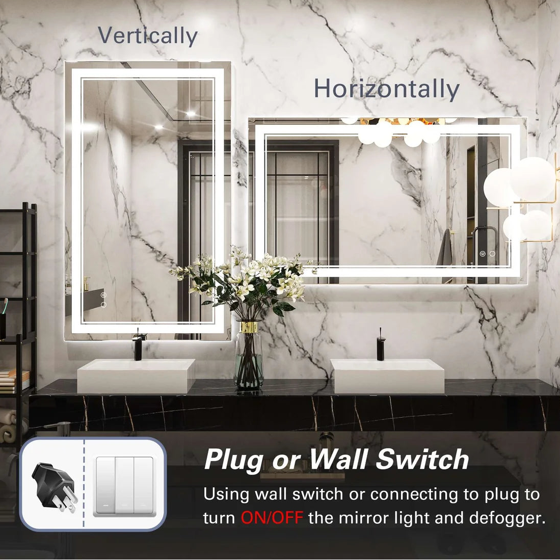 Frontlit LED Bathroom Mirror with Anti-Fog, 6000K Daylight Lighting, Dimmable Vanity Mirror, Aluminum Frame, IP54 Waterproof, Hardwired or Plug-In