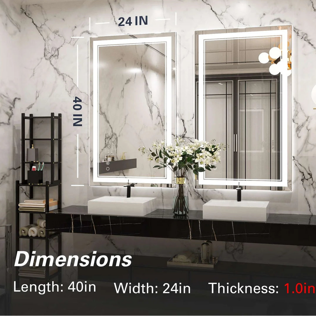 Frontlit LED Bathroom Mirror with Anti-Fog, 6000K Daylight Lighting, Dimmable Vanity Mirror, Aluminum Frame, IP54 Waterproof, Hardwired or Plug-In