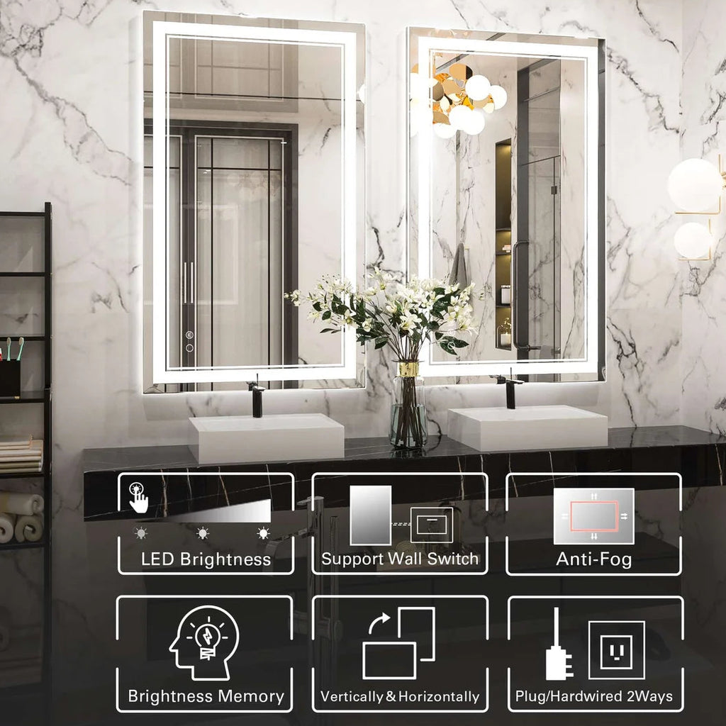 Frontlit LED Bathroom Mirror with Anti-Fog, 6000K Daylight Lighting, Dimmable Vanity Mirror, Aluminum Frame, IP54 Waterproof, Hardwired or Plug-In