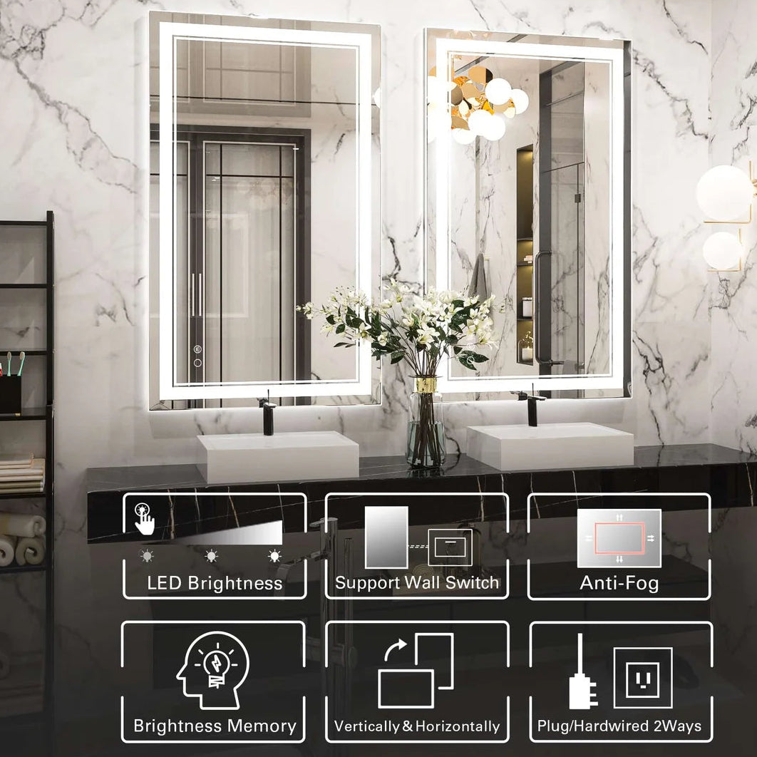 Frontlit LED Bathroom Mirror with Anti-Fog, 6000K Daylight Lighting, Dimmable Vanity Mirror, Aluminum Frame, IP54 Waterproof, Hardwired or Plug-In