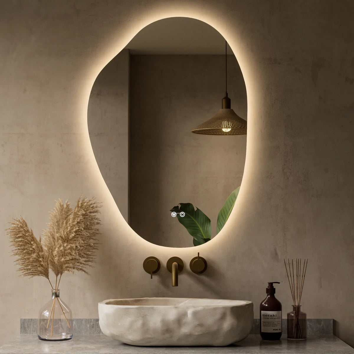 Prime LED House Asymmetrical Backlit LED Bathroom Mirror – 3-Color Dimmable, Anti-Fog, HD Tempered Glass