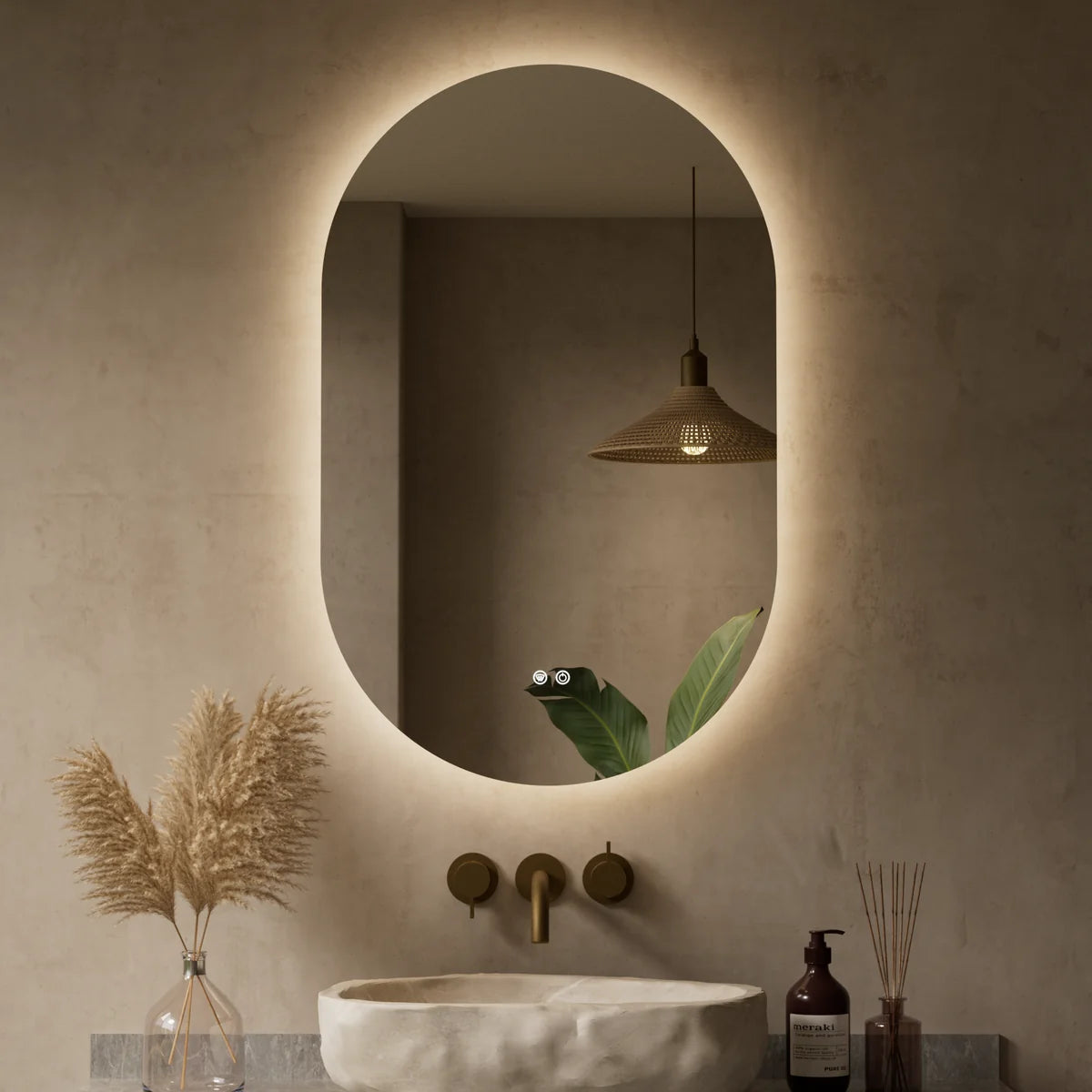 Prime LED House Oval Pill-Shaped Backlit LED Bathroom Mirror – 3-Color 3000K/4500K/6000K Dimmable Lighting, Anti-Fog, HD Tempered Glass, Touch Control, UL-Listed Driver
