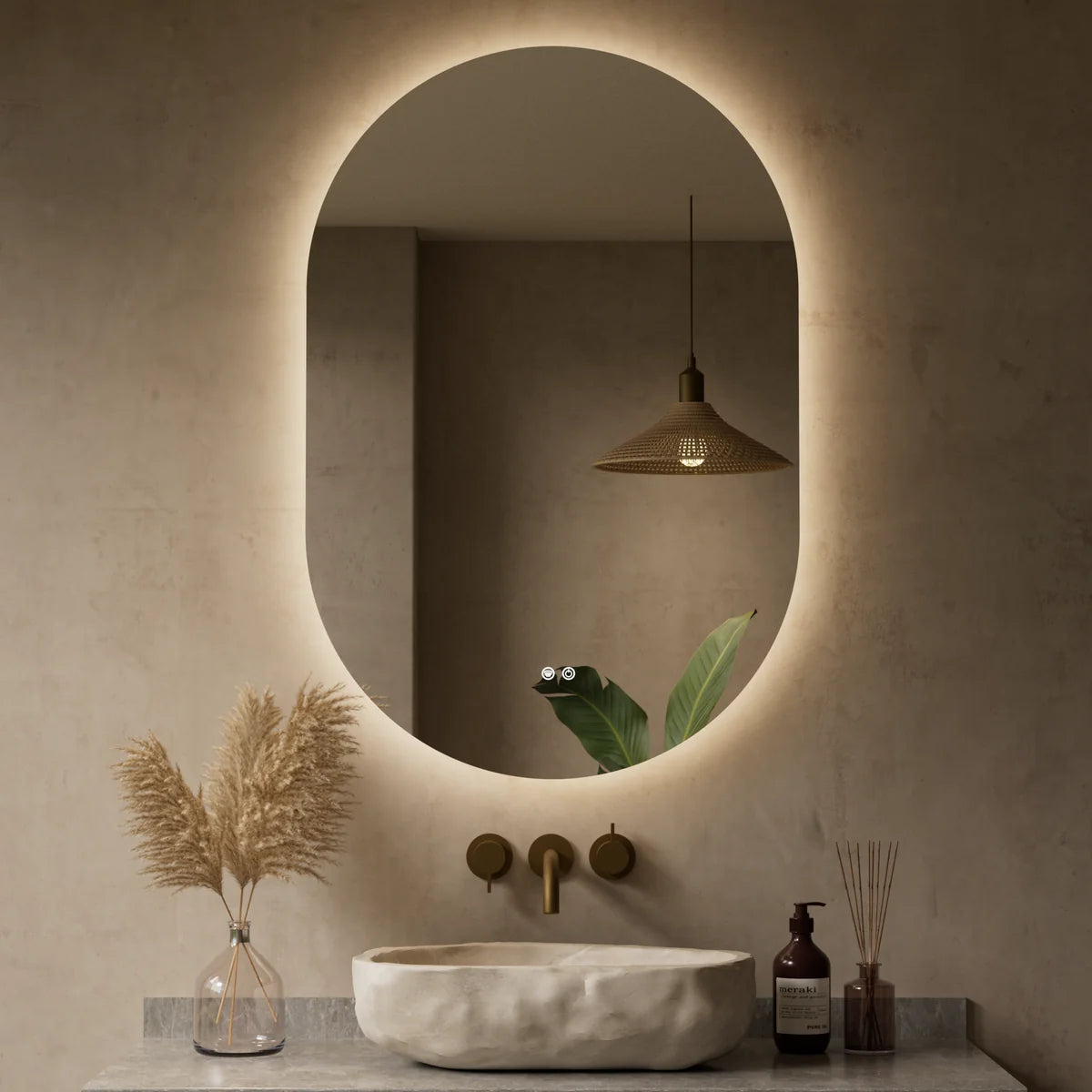 Prime LED House Oval Pill-Shaped Backlit LED Bathroom Mirror – 3-Color 3000K/4500K/6000K Dimmable Lighting, Anti-Fog, HD Tempered Glass, Touch Control, UL-Listed Driver