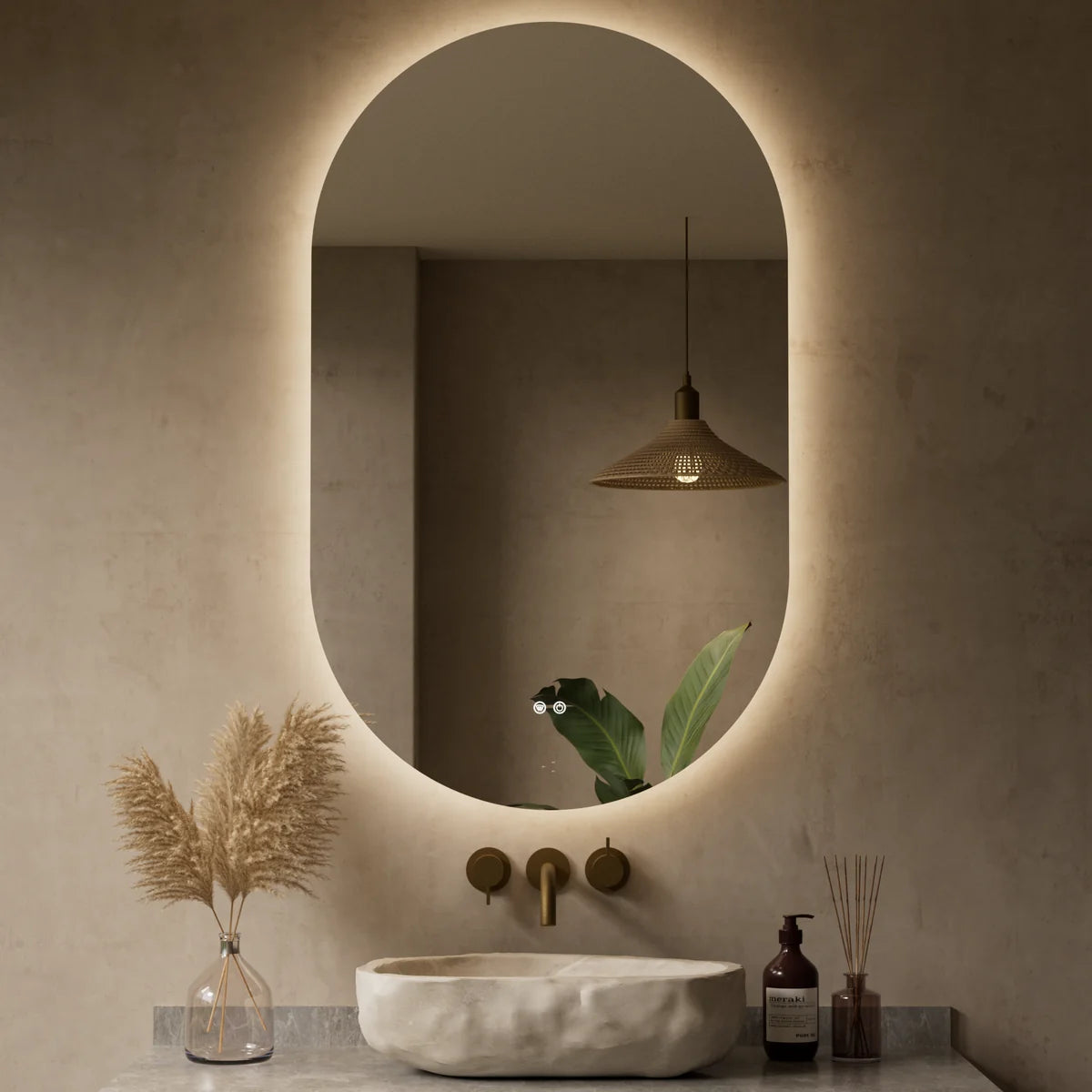 Prime LED House Oval Pill-Shaped Backlit LED Bathroom Mirror – 3-Color 3000K/4500K/6000K Dimmable Lighting, Anti-Fog, HD Tempered Glass, Touch Control, UL-Listed Driver