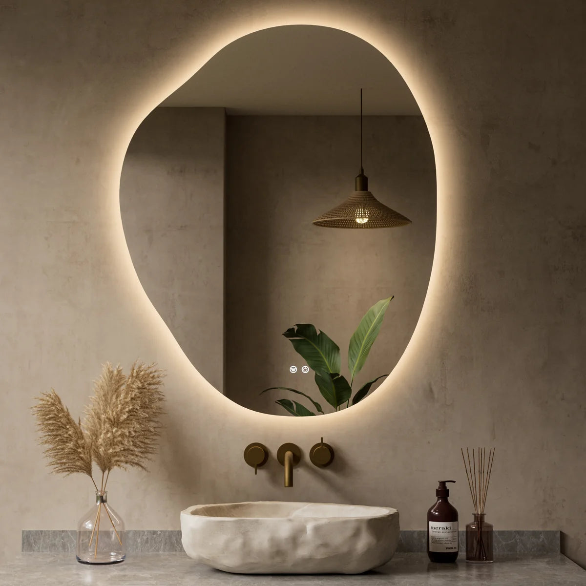 Prime LED House Asymmetrical Backlit LED Bathroom Mirror – 3-Color Dimmable, Anti-Fog, HD Tempered Glass