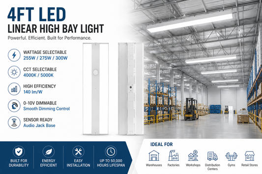 4FT LED Linear High Bay Light – 255W/275W/300W Selectable – 4000K/5000K CCT – 140 lm/W – 0-10V Dimmable