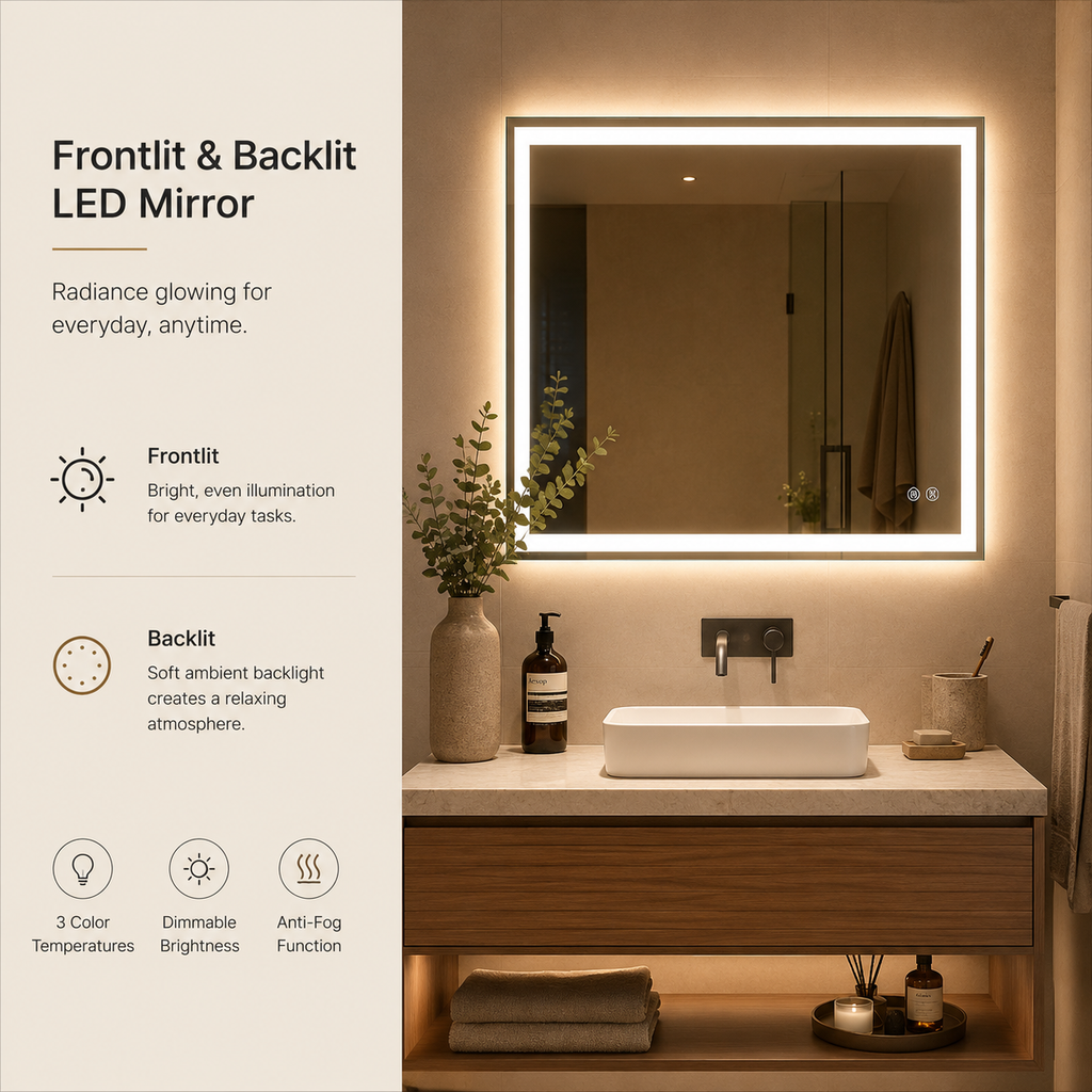 Frontlit & Backlit Framed LED Bathroom Mirror with 3-Color Dimmable Lighting, Anti-Fog & HD Tempered Glass