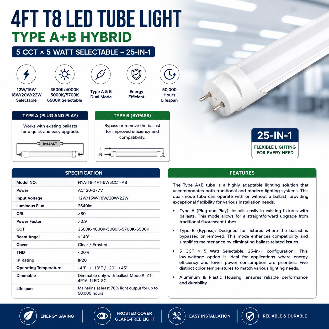 4FT T8 LED Tube Light, Type A+B Hybrid, 12-22W Selectable, 5 CCT Selectable, Frosted Cover