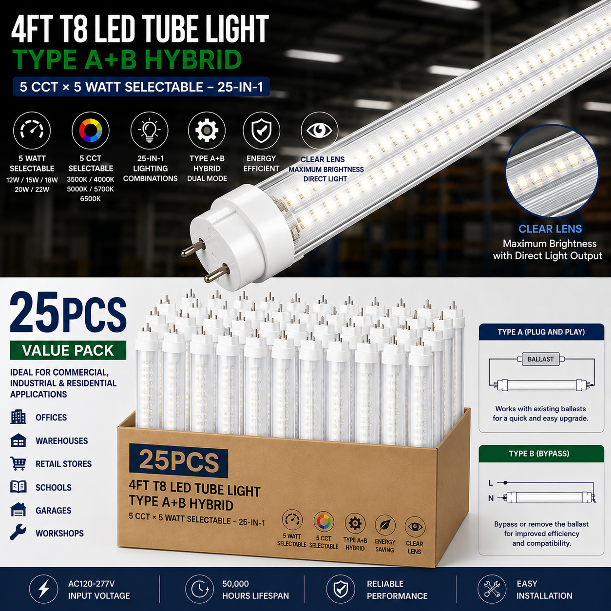 4FT T8 LED Tube Light, Type A+B Hybrid, 12-22W Selectable, 5 CCT Selectable, Frosted Cover