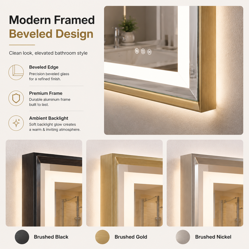 Frontlit & Backlit Framed LED Bathroom Mirror with 3-Color Dimmable Lighting, Anti-Fog & HD Tempered Glass