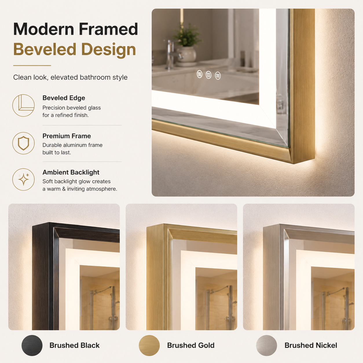 Frontlit & Backlit Framed LED Bathroom Mirror with 3-Color Dimmable Lighting, Anti-Fog & HD Tempered Glass