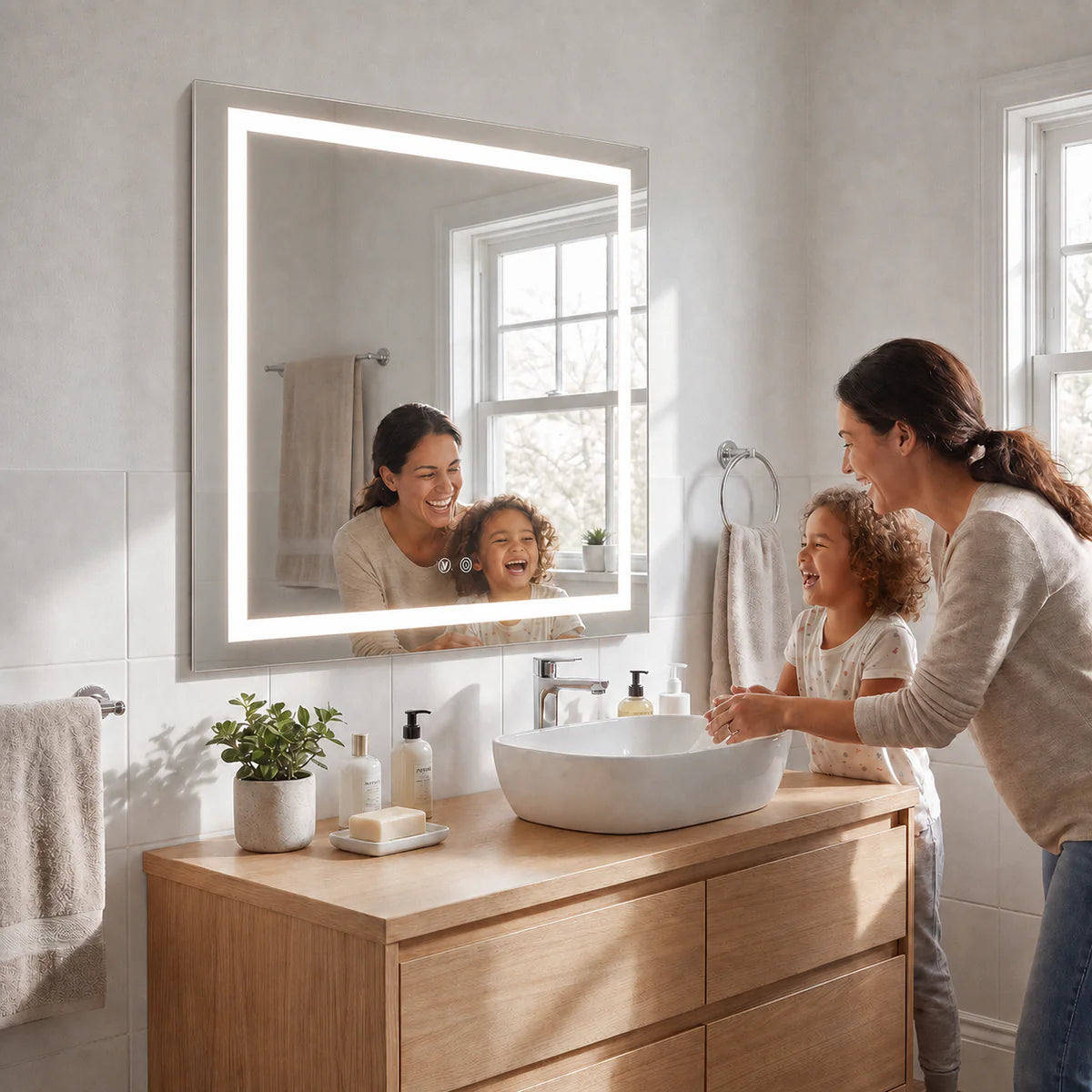 Frontlit & Backlit LED Vanity Mirror with 3-Color LED Lighting, Anti-Fog & HD Tempered Glass