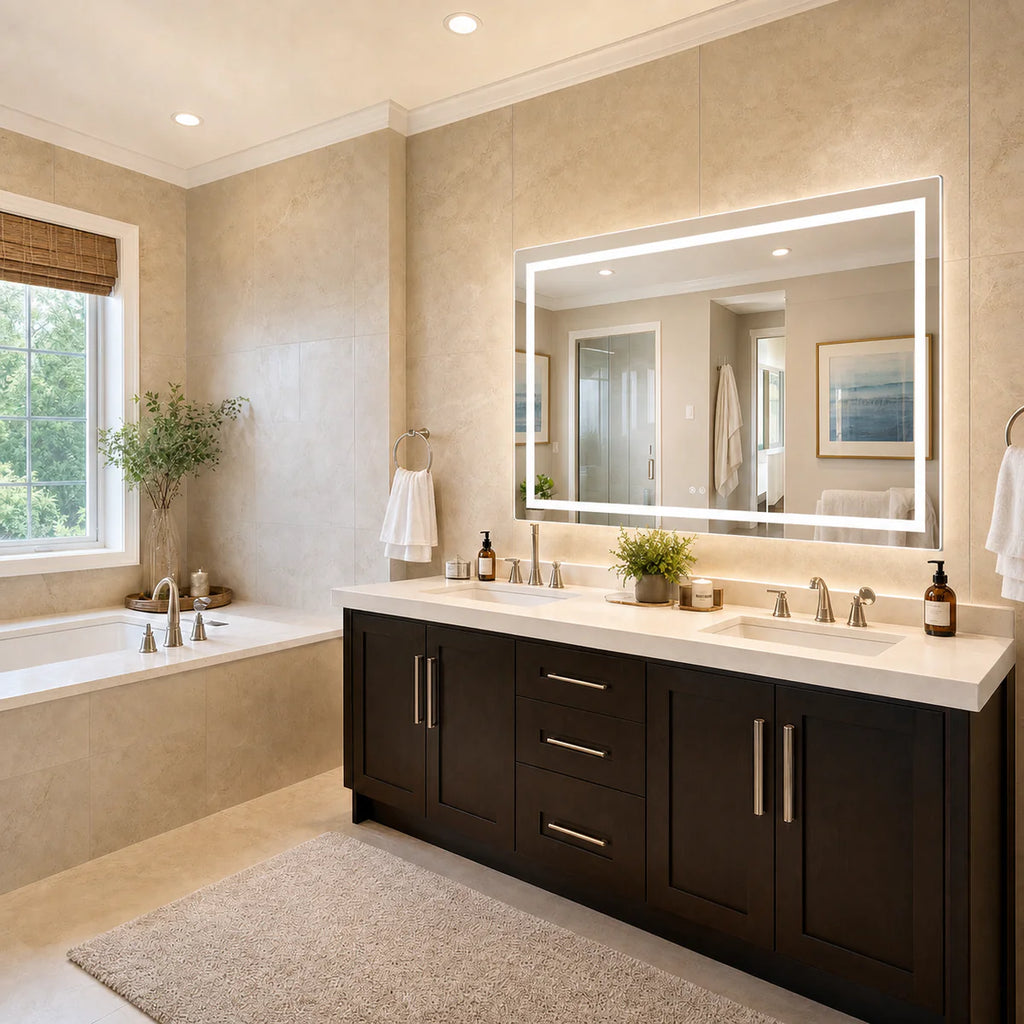 Frontlit & Backlit LED Vanity Mirror with 3-Color LED Lighting, Anti-Fog & HD Tempered Glass