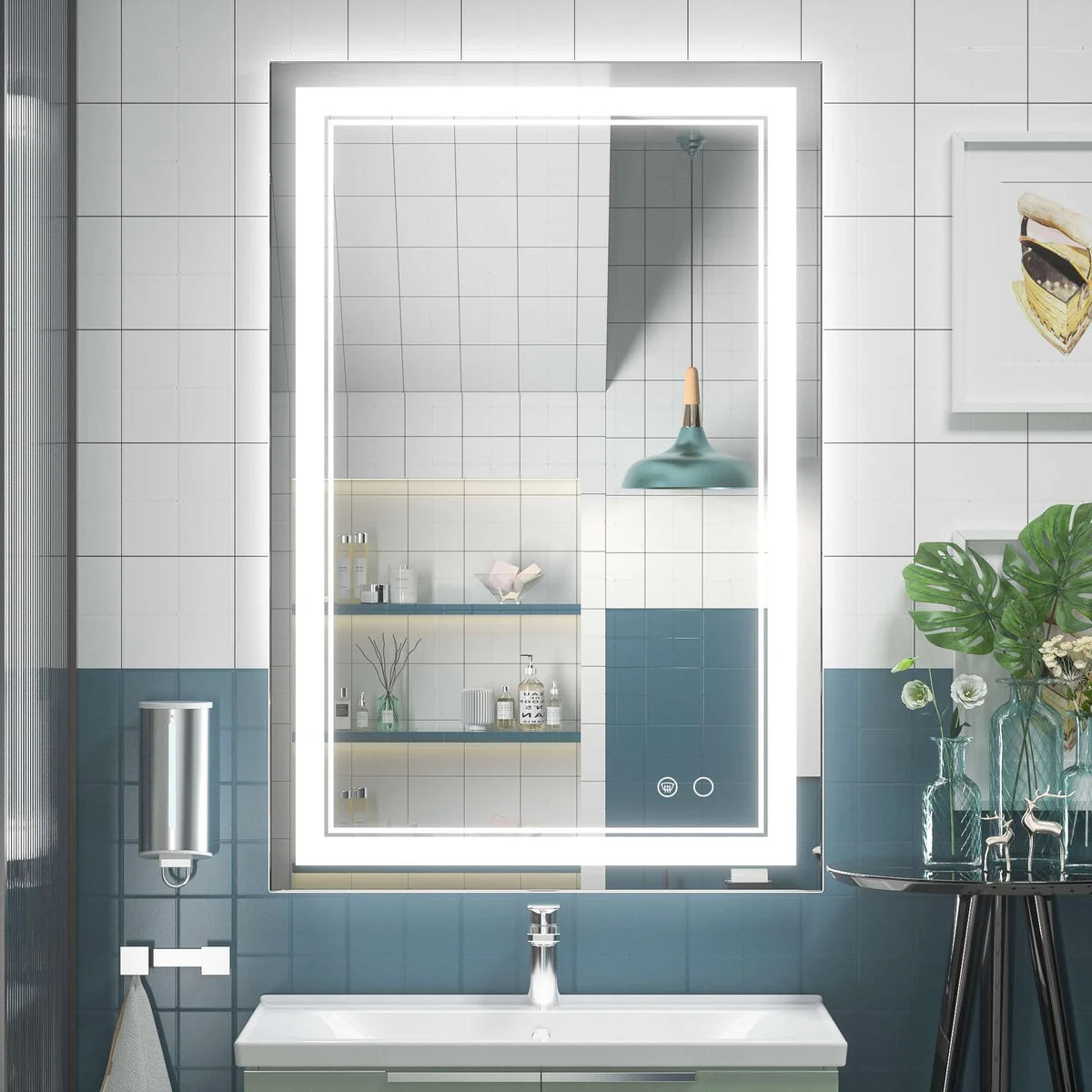 Frontlit LED Bathroom Mirror with Anti-Fog, 6000K Daylight Lighting, Dimmable Vanity Mirror, Aluminum Frame, IP54 Waterproof, Hardwired or Plug-In