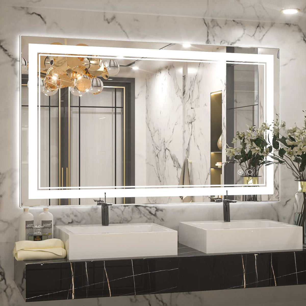 Frontlit LED Bathroom Mirror with Anti-Fog, 6000K Daylight Lighting, Dimmable Vanity Mirror, Aluminum Frame, IP54 Waterproof, Hardwired or Plug-In
