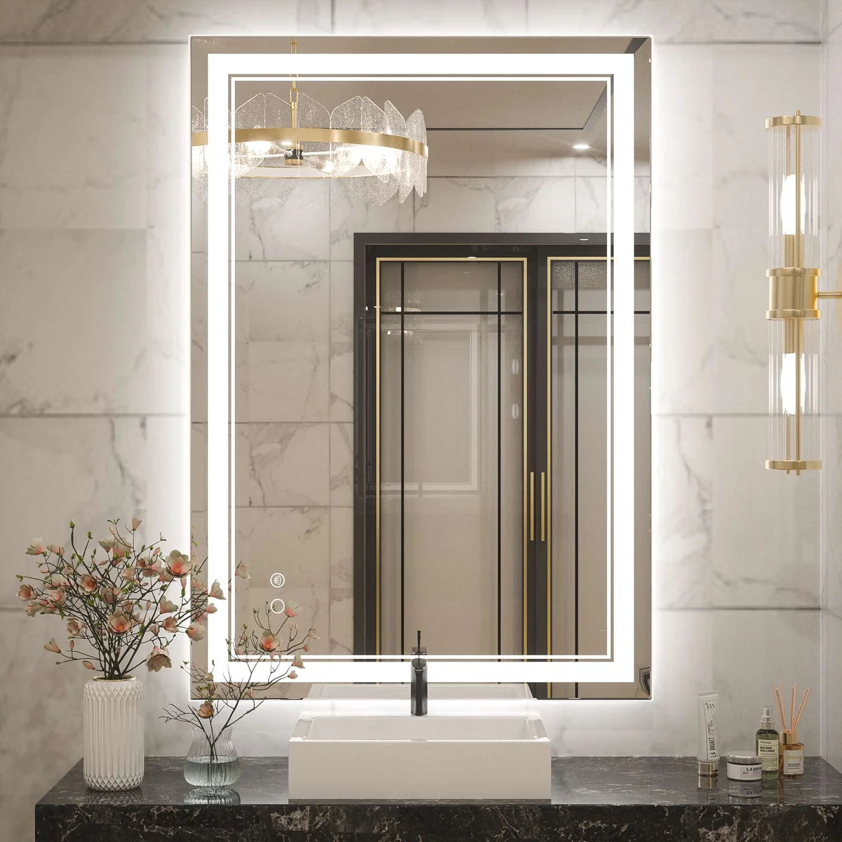Frontlit LED Bathroom Mirror with Anti-Fog, 6000K Daylight Lighting, Dimmable Vanity Mirror, Aluminum Frame, IP54 Waterproof, Hardwired or Plug-In
