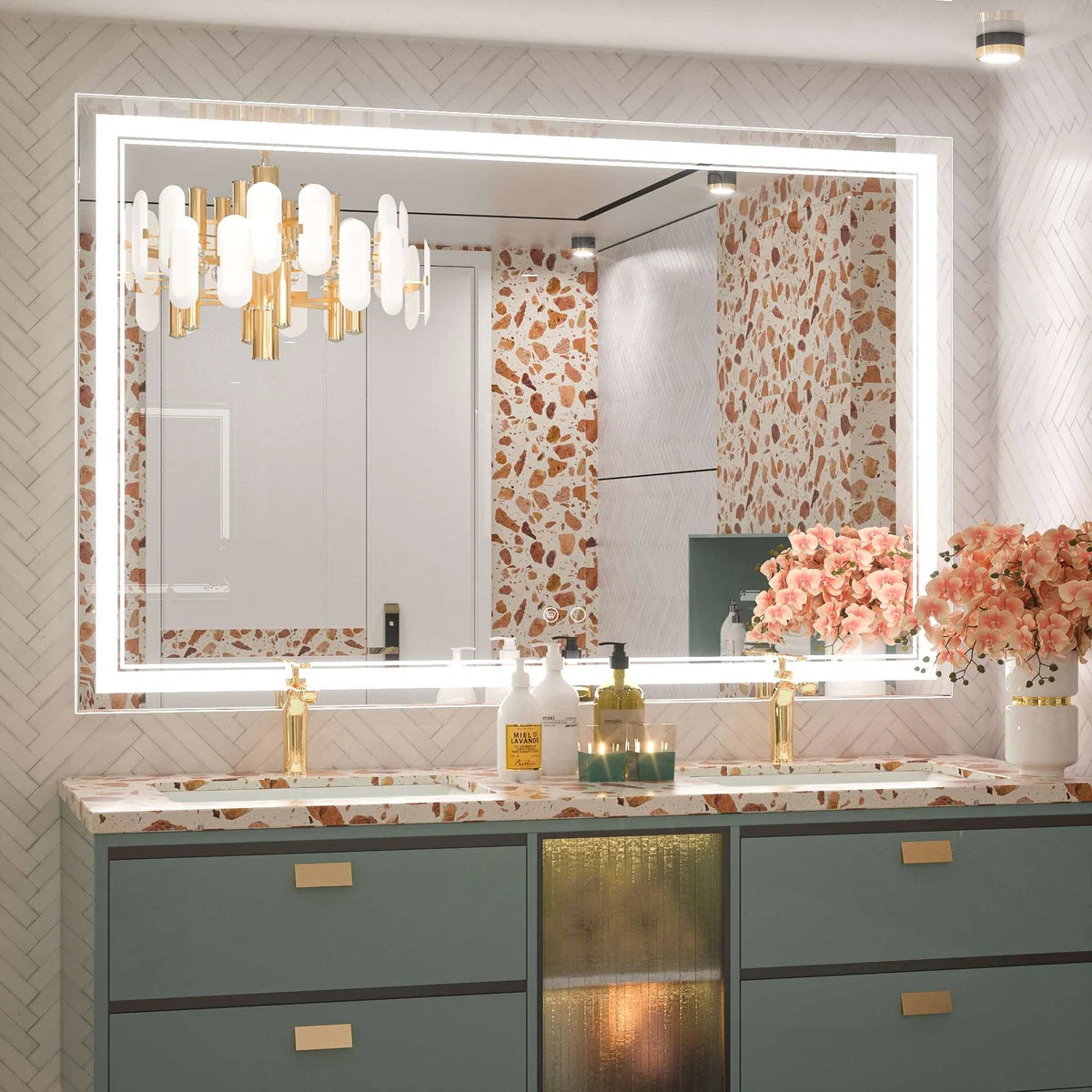 Frontlit LED Bathroom Mirror with Anti-Fog, 6000K Daylight Lighting, Dimmable Vanity Mirror, Aluminum Frame, IP54 Waterproof, Hardwired or Plug-In
