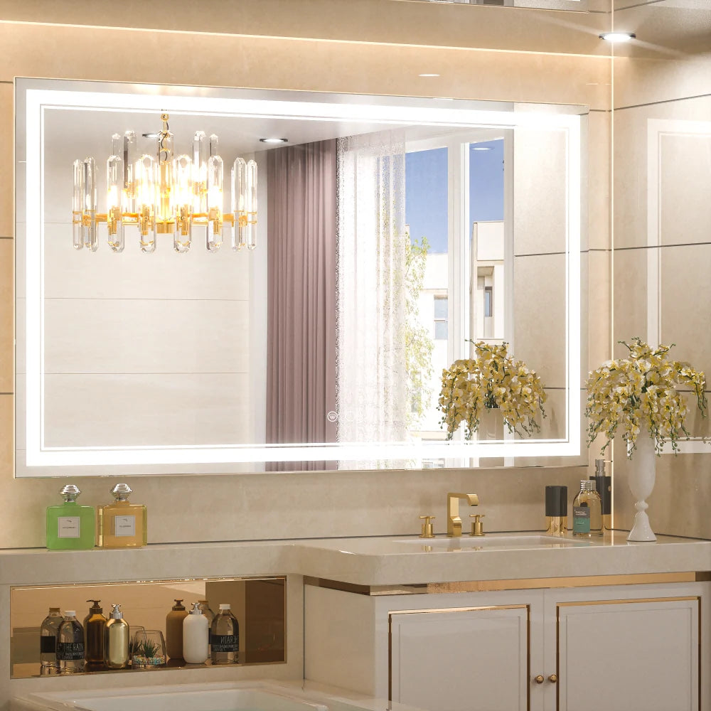 Frontlit LED Bathroom Mirror with Anti-Fog, 6000K Daylight Lighting, Dimmable Vanity Mirror, Aluminum Frame, IP54 Waterproof, Hardwired or Plug-In