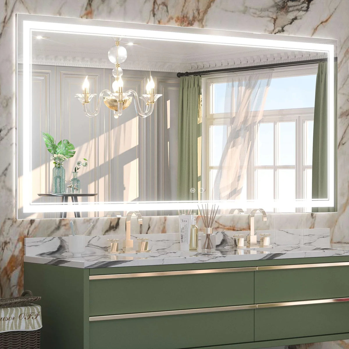 Frontlit LED Bathroom Mirror with Anti-Fog, 6000K Daylight Lighting, Dimmable Vanity Mirror, Aluminum Frame, IP54 Waterproof, Hardwired or Plug-In