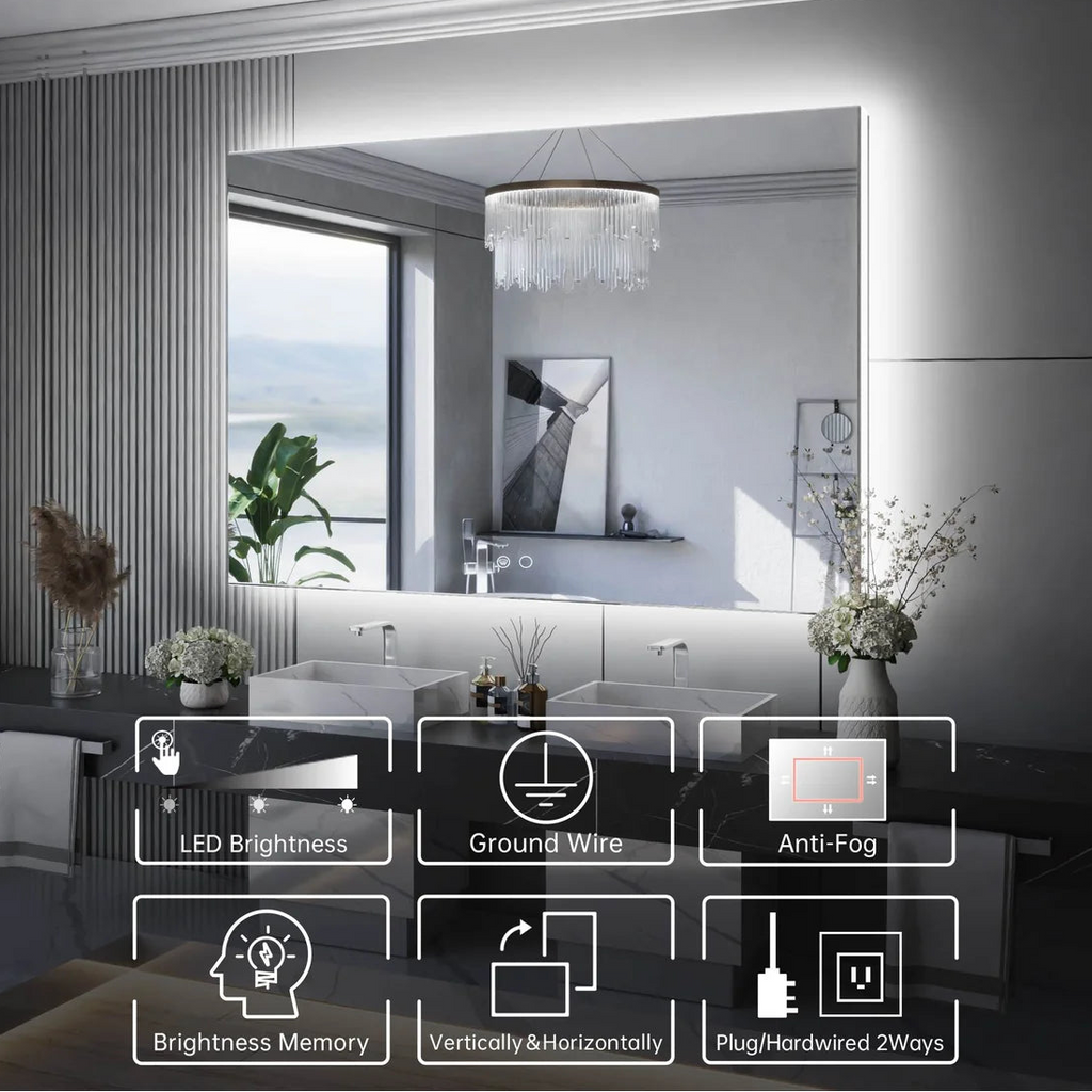 Backlit LED Bathroom Mirror with Anti-Fog, 6000K Cool White Lighting