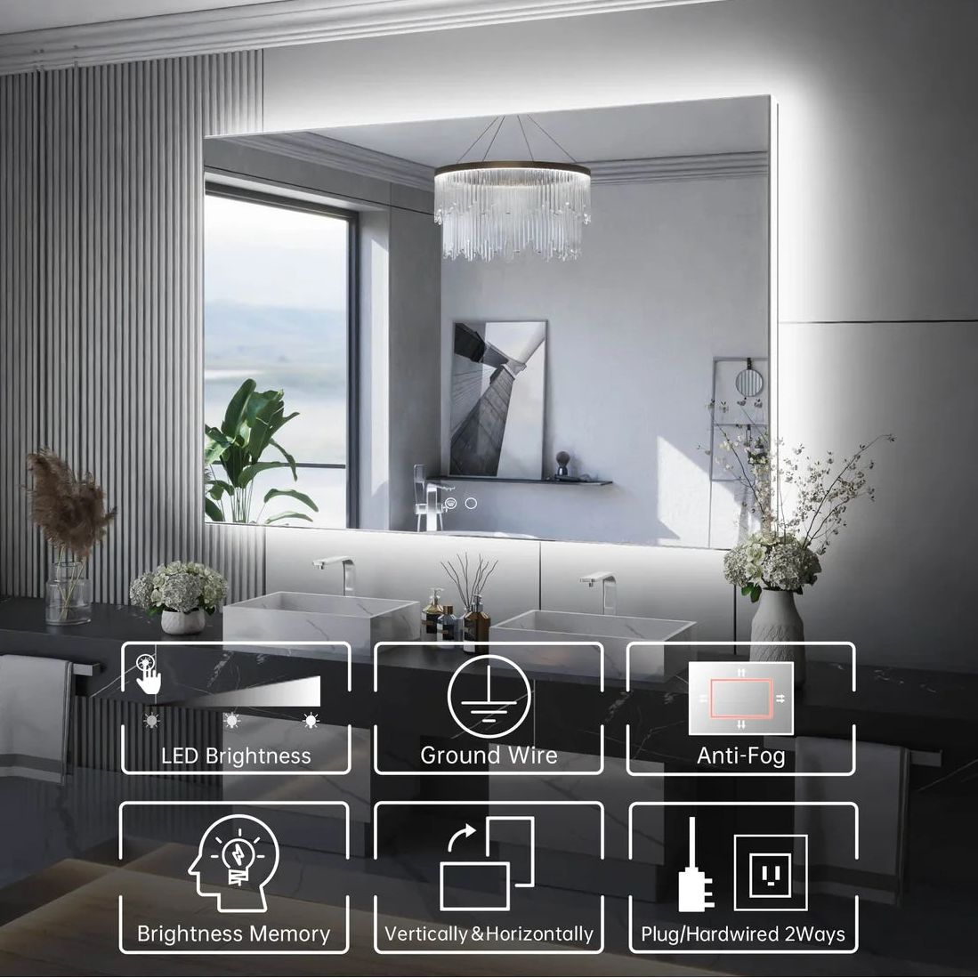 Backlit LED Bathroom Mirror with Anti-Fog, 6000K Cool White Lighting
