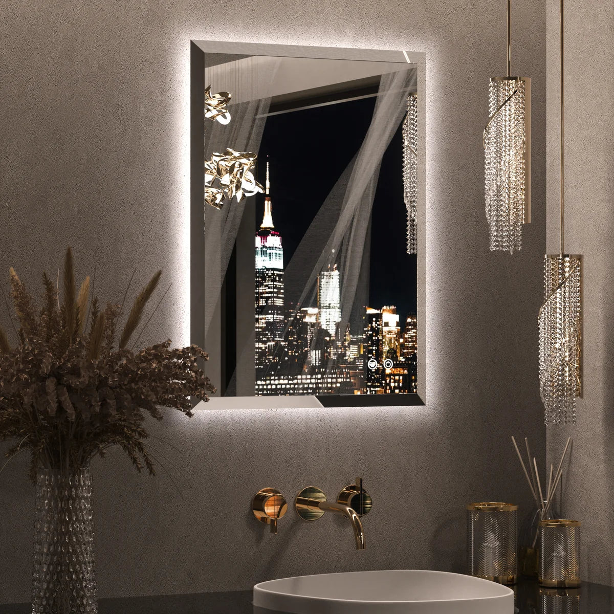 Prime LED House Beveled Edge Backlit LED Bathroom Mirror – 3-Color Dimmable, Anti-Fog, HD Tempered Glass & Touch Memory Function