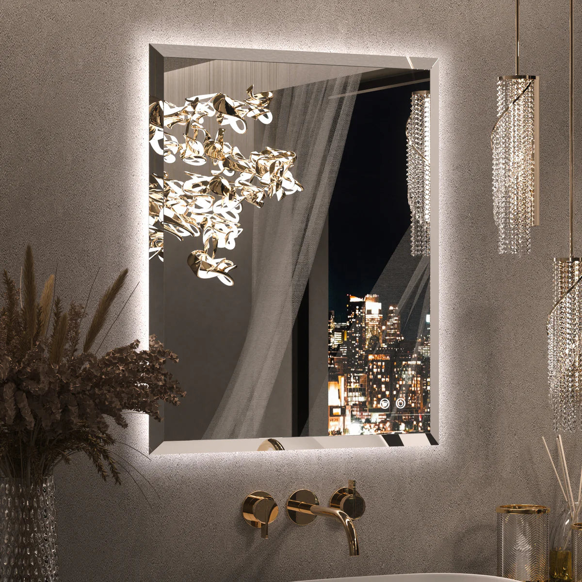 Prime LED House Beveled Edge Backlit LED Bathroom Mirror – 3-Color Dimmable, Anti-Fog, HD Tempered Glass & Touch Memory Function