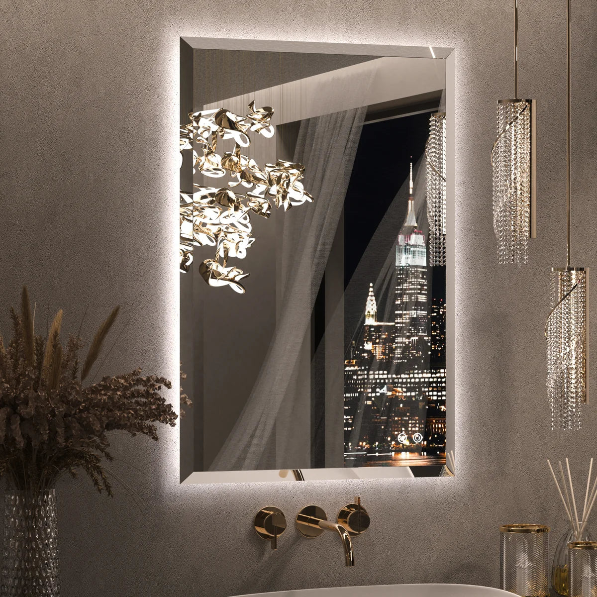 Prime LED House Beveled Edge Backlit LED Bathroom Mirror – 3-Color Dimmable, Anti-Fog, HD Tempered Glass & Touch Memory Function