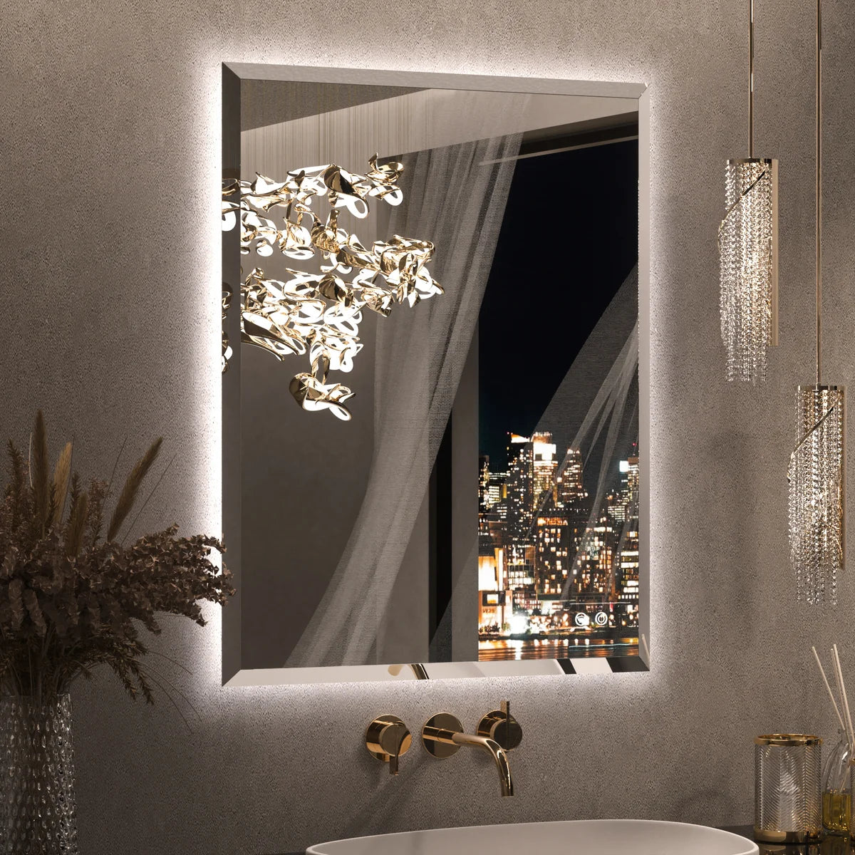 Prime LED House Beveled Edge Backlit LED Bathroom Mirror – 3-Color Dimmable, Anti-Fog, HD Tempered Glass & Touch Memory Function
