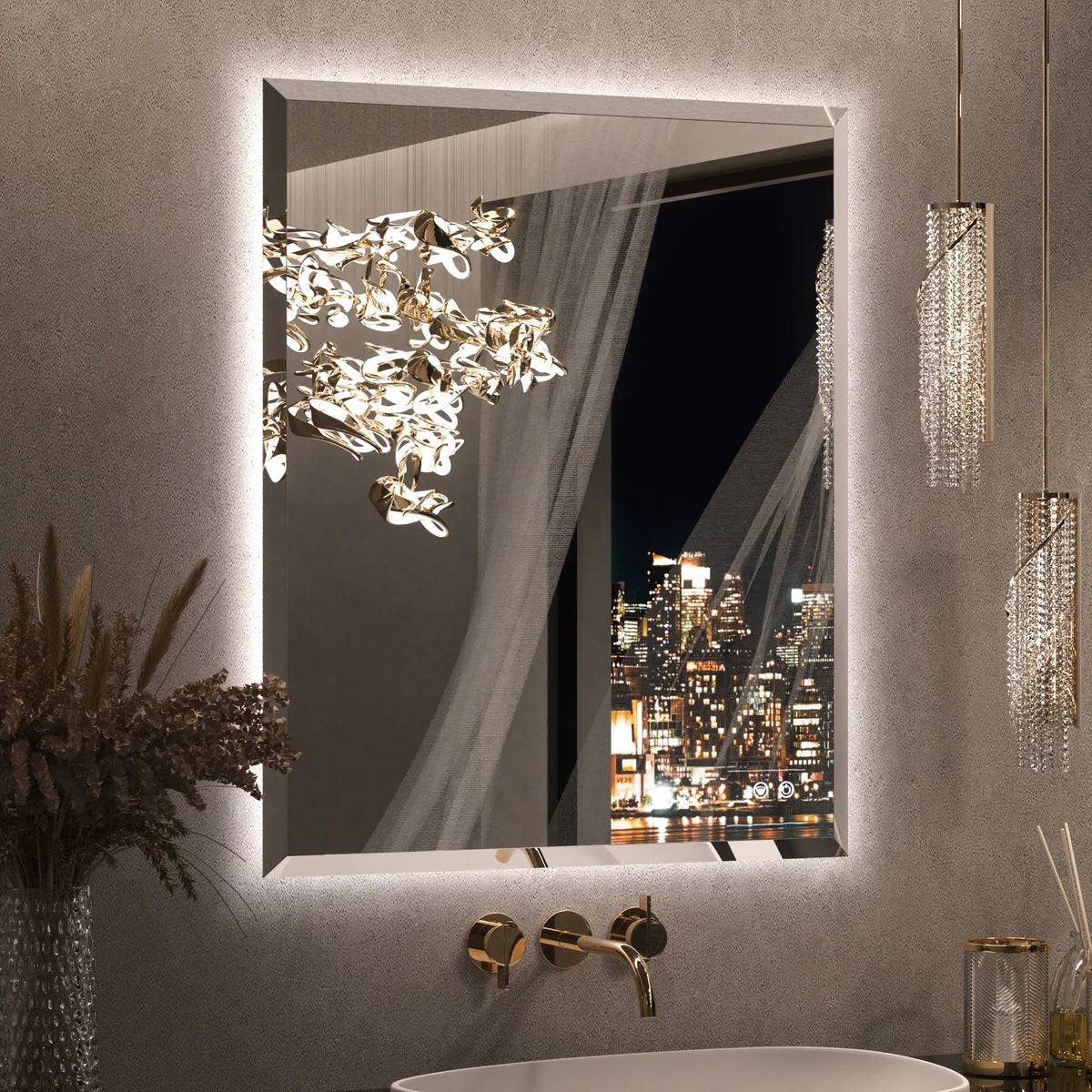 Prime LED House Beveled Edge Backlit LED Bathroom Mirror – 3-Color Dimmable, Anti-Fog, HD Tempered Glass & Touch Memory Function