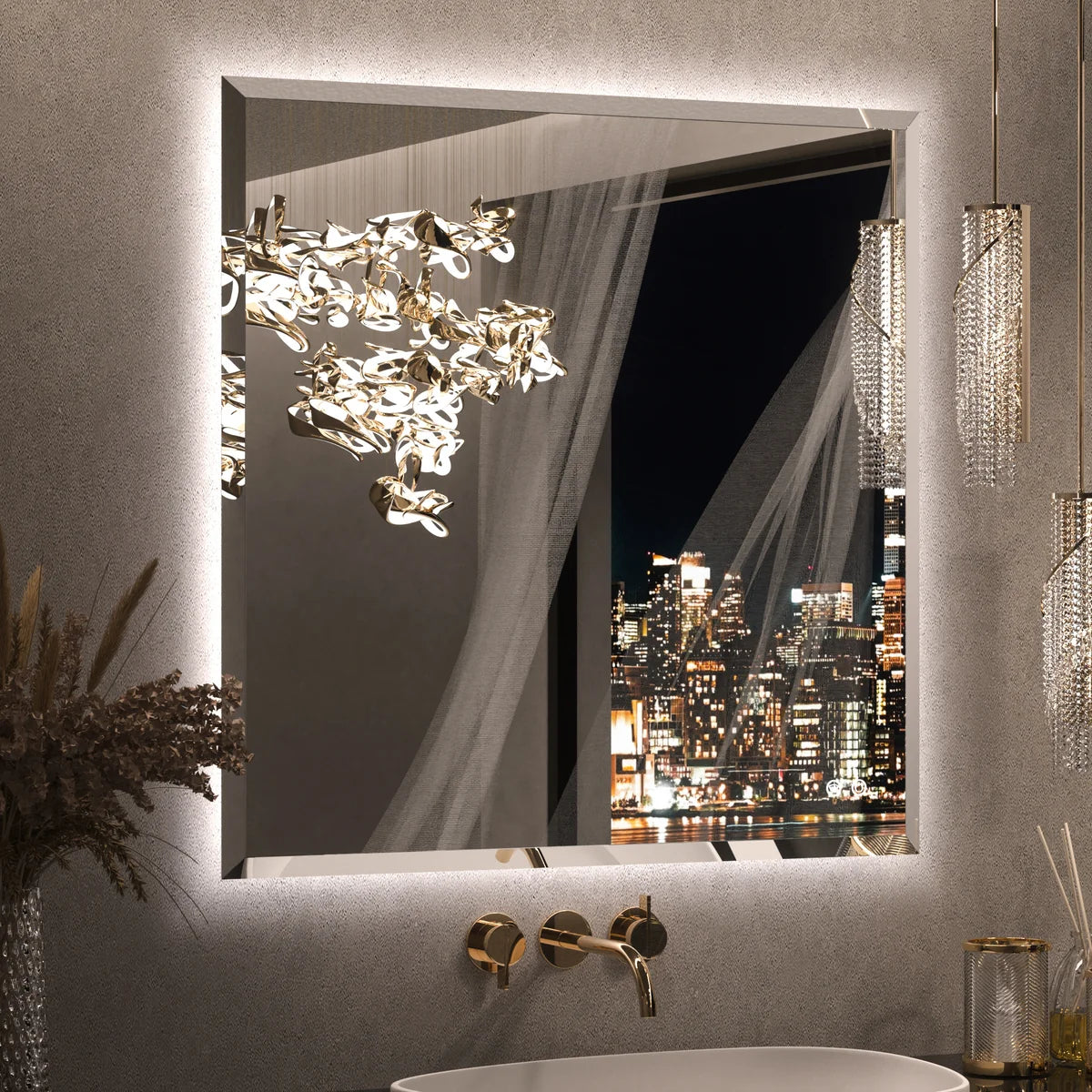 Prime LED House Beveled Edge Backlit LED Bathroom Mirror – 3-Color Dimmable, Anti-Fog, HD Tempered Glass & Touch Memory Function